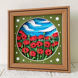 Caixa de sombra 3D Poppy Field SVG/Camada 3D Poppy/Campo de flores da primavera em camadas de papel cartão/Presente de flores de aniversário/Para Cricut/Para Silhouette