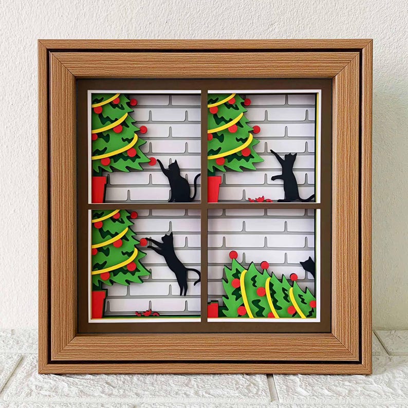 Katt som välter julgransskugglåda SVG/ Rolig kattjulklapp/ Jul Cricut-projekt/ 3D-lager SVG/ För Cricut/ För silhuett bild 3