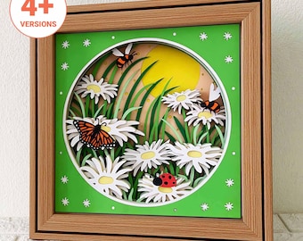 Daisy And Insects 3D Shadow Box SVG/ Daisy Layered Cardstock/ Summer Shadow Box/ Ladybug, Butterfly, Bee 3D SVG/ For Cricut/ For Silhouette