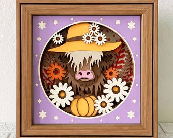 Cute Fall Highland Cow 3D Shadow Box SVG/ Fall Cow Layered Cardstock/ Fall Cricut Project/ 3D Autumn Layer SVG/ For Cricut/ For Silhouette