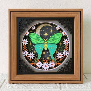 May include: A framed paper art piece featuring a green and teal butterfly with a crescent moon and stars on a dark background. White daisies and orange foliage surround the central design. The frame is brown with a black decorative inner border.