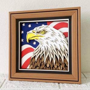 Águia americana com caixa de sombra 3D SVG/Cartolina de camada do Dia do Patriota/Decoração de papel recortado para o 4 de julho/Para Cricut/Para Silhouette