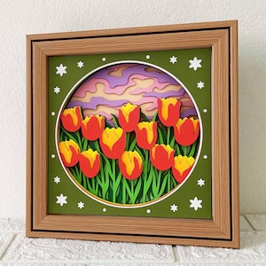 Caja de sombras 3D con campo de tulipanes SVG/Tulipán en capas 3D/Campo de flores de primavera en cartulina en capas/Regalo de flores de cumpleaños/Para Cricut/Para Silhouette
