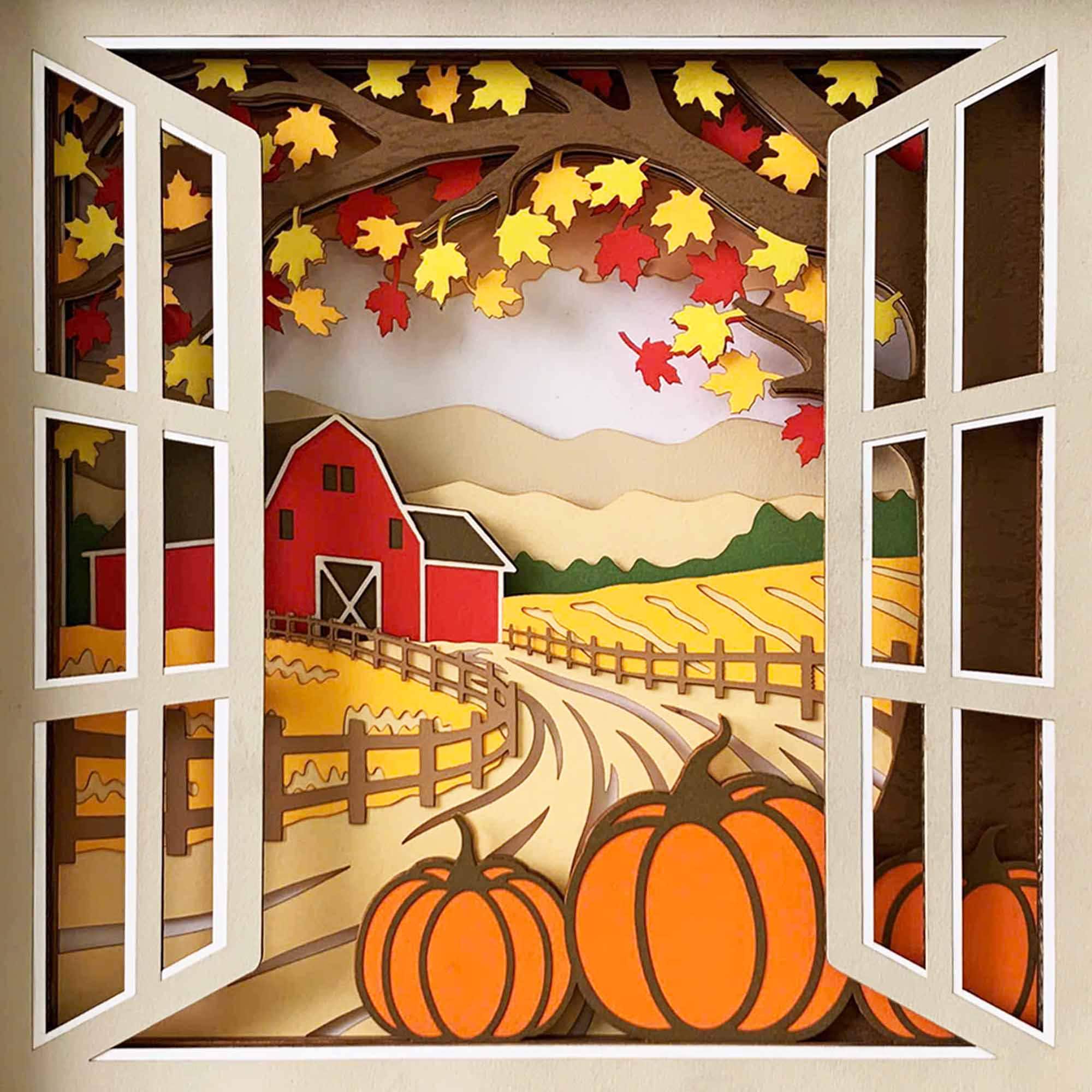 Fall Window Svg Fall Farm Window Shadow Box SVG, Pumpkin Fall Leaves Layered Design ...