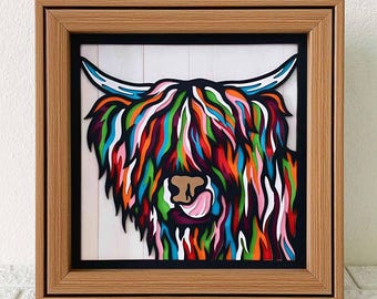 Highland Cow 3D Shadow Box SVG, Colorful Animal Papercut Art (Digital Download)