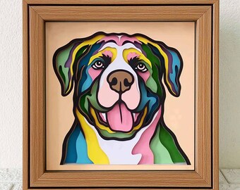 Rottweiler 3D Shadow Box SVG, Arte de perro colorido recortado en papel (Descarga digital)