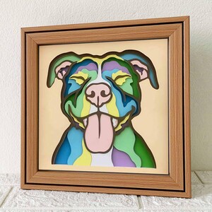 Joyeux Pitbull 3D Shadow Box SVG / American Pitbull Papercut Art / Pittie souriant coloré / papier cartonné couche pour animaux de compagnie / pour Cricut / pour Silhouette