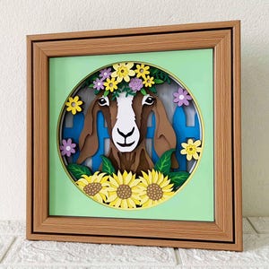 Floral Ziege 3D Schatten Box SVG / Sonnenblume Ziege 3D Schicht Karton / Bauernhaus Dekor / Bauernhof Tier Geschenk / SVG-Datei für Cricut / für Silhouette