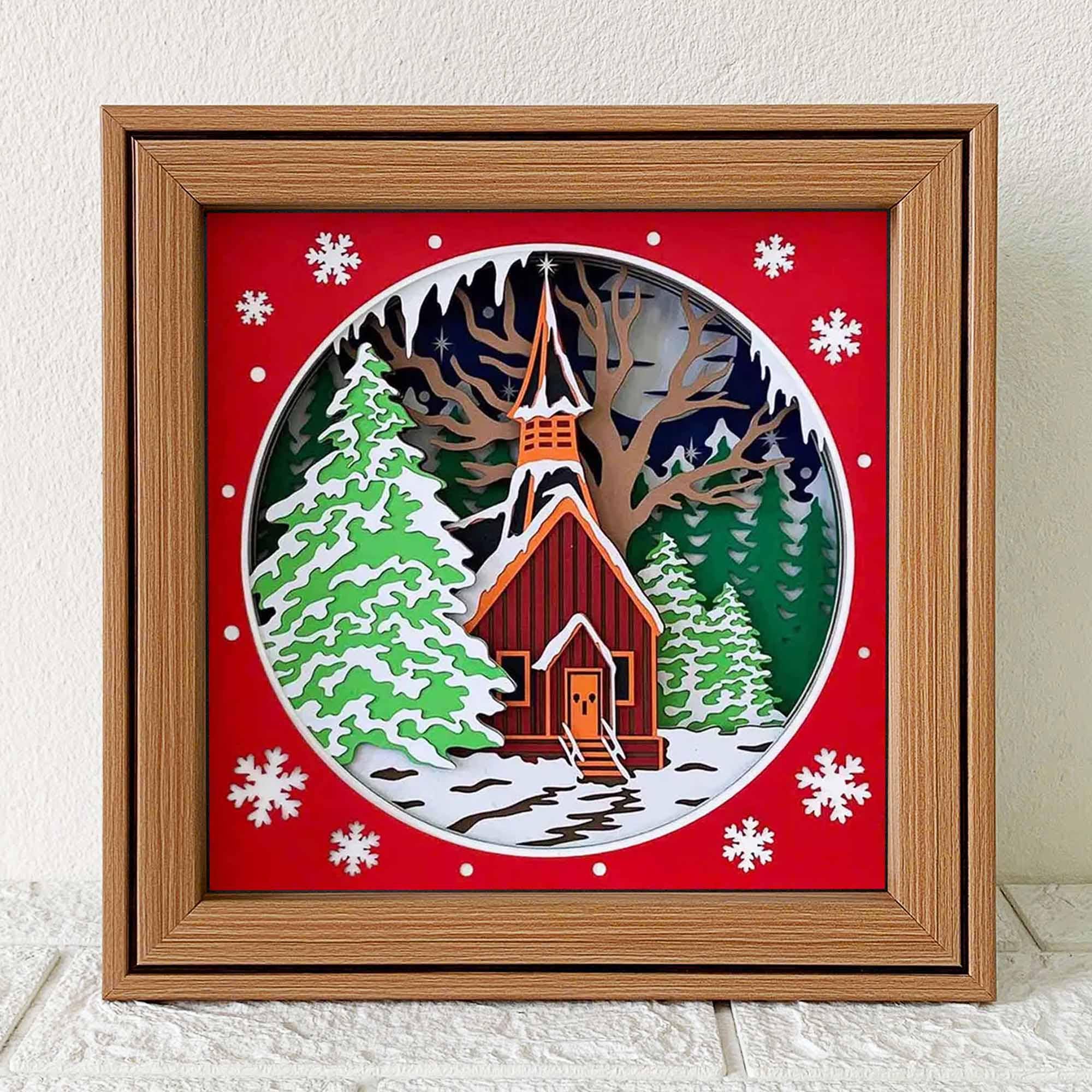 素朴な教会の3DシャドーボックスSVG/教会のクリスマスペーパーカット