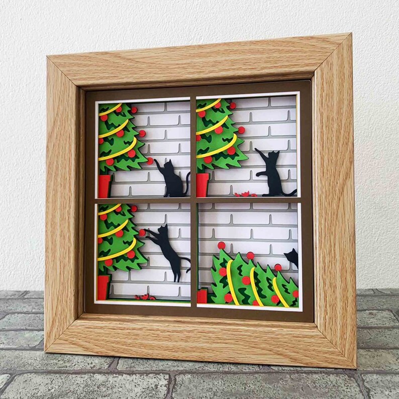 Cat Knock Over Christmas Tree Shadow Box SVG/ Funny Cat image 1