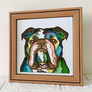 Bouledogue anglais 3D Shadow Box SVG/ Papier découpé bouledogue coloré/ Papier cartonné couche chien 3D/ Cadeau commémoratif pour animaux de compagnie Cricut/ Pour Cricut/ Pour Silhouette