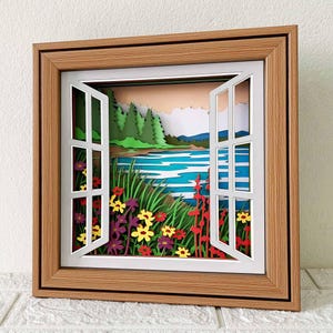 Scène de lac à partir de la fenêtre 3D Shadow Box SVG/ SVG en couches de lac 3D/ scène de lac d'été Shadow Box/ SVG pour Cricut/ pour Silhouette