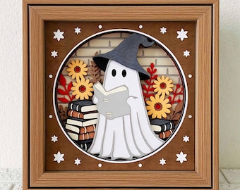 Reading Ghost 3D Shadow Box SVG, Book Lover Layered Papercut Cardstock (Digital Download)