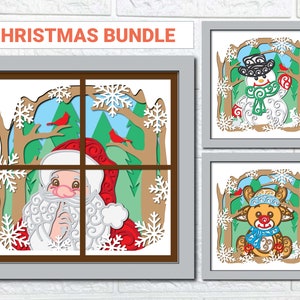 Bundel kerstschaduwdoos/ kerstman, sneeuwpop en rendiermandala SVG/ 3D Cricut-project voor de feestdagen/ Woondecoratie voor kerst/ Geschenkdoos SVG