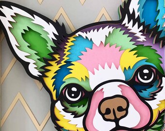 チワワの3DシャドウボックスSVG、カラフルな犬の切り絵アート