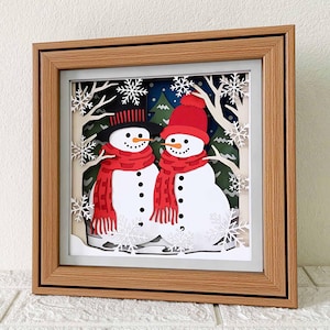 Couple de bonhommes de neige 3D Shadow Box SVG / Décoration d'intérieur de Noël / Hiver Papercraft SVG / Projet Cricut de Noël / SVG pour Cricut / pour Silhouette