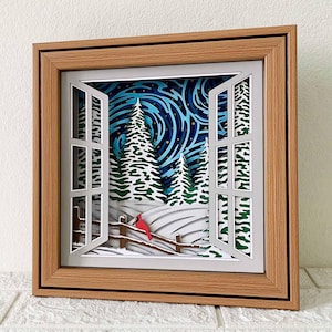 Kardinal Am Fenster Wintertag Schattenbox SVG / Kardinal Gedenkstätte Weihnachten / 3D-Schicht Wintertag Fensteransicht / Cricut Projekt / Für Silhouette