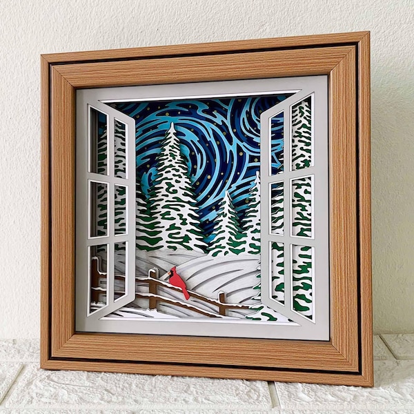 Cardenal en la ventana, día de invierno, caja de sombras SVG / Memorial del cardenal Navidad / Capa 3D, vista de ventana de día de invierno / Proyecto Cricut / Para Silhouette