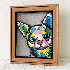 Peeking Chihuahua 3D Shadow Box SVG / chien coloré art découpé sur papier / papier cartonné 3D couche pour animaux de compagnie / chien cadeau commémoratif / SVG pour Cricut / pour Silhouette