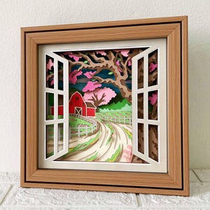 Le printemps à la ferme Shadow Box SVG / 3D rouge grange printemps papercut / ferme printemps couche papier cartonné / paysage de printemps / pour Cricut / pour Silhouette