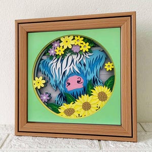 Vache Highland 3D Shadow Box SVG/papier cartonné 3D vache tournesol/projet de découpe de papier floral vache/vache et fleurs/pour Cricut/pour Silhouette