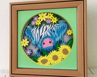 Highland Cow 3D Shadow Box SVG/ Sunflower Cow 3D Layer Cardstock/ Floral Cow Papercut Project/ Cow And Flowers/ For Cricut/ For Silhouette