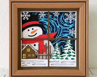 3D Snowman Window Shadow Box SVG, Winter Christmas Scene (Digital Download)
