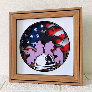 Scatola delle ombre militari degli Stati Uniti in 3D SVG/Carta commemorativa dei veterani ritagliata/Cartongesso patriottico in 3D/Aquila americana in 3D SVG/Per Cricut/Per Silhouette