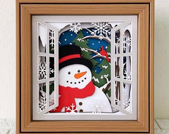 Snowman at Window 3D Shadow Box SVG/ Snowman and Cardinal Papercut