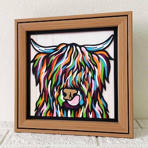 Vache Highland 3D SVG en couches pour papier cartonné / Art mural vache coloré / Mandala 3D vache multicolore / Highland Cattle SVG / pour Cricut / pour Silhouette