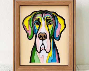 SVG de caja de sombras 3D de un gran danés colorido, arte de recorte de papel de perro en capas (descarga digital)