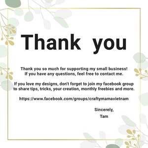 May include: A white card with the words "Thank you" in large black letters. The card also includes a message of gratitude and information about a Facebook group. The design features gold accents and green foliage.