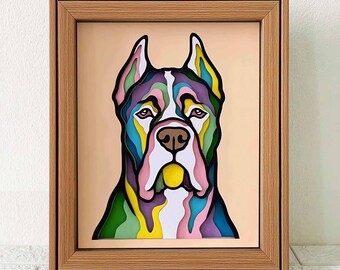 May include: A framed illustration of a dog's face in a colorful, layered paper art style. The dog's fur is depicted in shades of green, blue, purple, pink, and yellow.