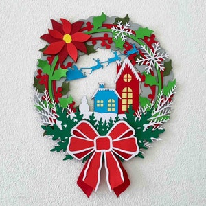 Village de Noël Couronne de couches 3D SVG / Couronne de Noël SVG / Artisanat de papier cartonné Noël / Accroche-porte Noël / Pour Cricut / Pour Silhouette