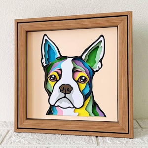 Boston Terrier 3D Shadow Box SVG/ Arte di carta ritagliata di cane colorato/ Cartoncino a strati di cane 3D/ Regalo commemorativo per animali domestici Cricut/ Per Cricut/ Per Silhouette
