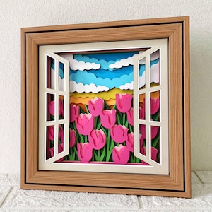 Champ de tulipes de fenêtre 3D Shadow Box SVG / tulipes d'art papercut / papier cartonné en couches champ de fleurs / projet de papier Cricut / pour Cricut / pour Silhouette