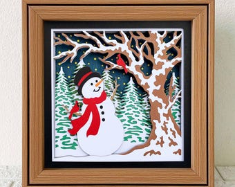 Snowman And Cardinals 3D Shadow Box SVG: Christmas Papercut Art ( Digital File For Cricut, For Silhouette)