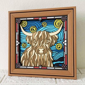 Vache Highland Nuit étoilée 3D Shadow Box SVG / 3D SVG Vache Highland vitrail / papier cartonné 3D Highland Cattle / pour Cricut / pour Silhouette