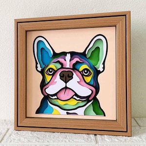 Smiley Bouledogue Français 3D Shadow Box SVG / Papier découpé 3D Frenchie / Papier cartonné coloré couche de chien / Cadeau commémoratif pour animal de compagnie / Pour Cricut / Pour Silhouette