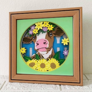 Caixa de sombra 3D de vaca floral SVG/ Camada 3D de vaca de girassol Cartão/ Arte de corte de papel de vaca e flores/ Camada 3D SVG de vaca/ Para Cricut/ Para Silhouette