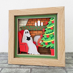 Lecture fantôme Noël Shadow Box SVG/fantôme mignon lire livre papier cartonné en couches/décoration de Noël fantôme 3D/pour Cricut/pour Silhouette