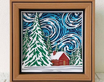 Winter Log Cabin 3D Shadow Box SVG, Multilayer Papercut Wall Art (Digital Download)