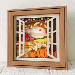 Vue de la fenêtre de la ferme Shadow Box SVG/ 3D feuilles d'automne citrouille SVG en couches/ Shadow Box de la saison d'automne de la ferme/ SVG pour Cricut/ pour Silhouette