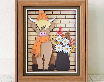 Cute Fall Highland Cow 3D Shadow Box SVG/ 3D Fall Cow Papercut Art/ Highland Cow With Flowers Layered Cardstock/ For Cricut/ For Silhouette