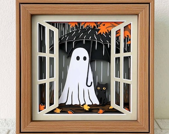 Simpatico fantasma alla finestra 3D Shadow Box SVG/ Simpatico fantasma spettrale gatto nero carta ritagliata/ Fantasma Halloween a strati cartoncino/ Per Cricut/ Per Silhouette