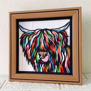 Vache Highland 3D Shadow Box SVG / Vache colorée Art papercut / Papier cartonné multicouche Vache Highland / Ferme 3D SVG / Pour Cricut / Pour Silhouette