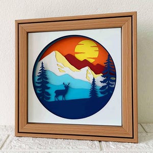 SVG de montaña 3D/SVG de caja de sombras de montaña y ciervo/Arte de pared de naturaleza/Proyecto Cricut 3D/Arte en papel 3D/Para láser/Para Cricut/Para Silhouette