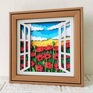 Fenster Mohnfeld 3D Shadow Box SVG / 3D Papierschnitt Kunst Mohn / Blumenfeld Fensteransicht Layered Cardstock / Für Cricut Projekt / Für Silhouette