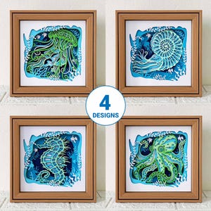 Caixa de sombra 3D de criaturas marinhas SVG/ Mandala do oceano 3D/ Projeto Cricut de verão/ Decoração de banheiro com tema de oceano/ Para Cricut/ Para Silhouette