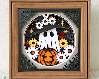 Simpatico fantasma di Halloween 3D Shadow Box SVG/ Fantasma zucca Papercut Art/ Fantasma floreale di Halloween a strati Cartoncino/ Per Cricut/ Per Silhouette